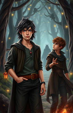 A dramatic fantasy scene depicting Noah Emrys, a teenage witch, standing confidently with a mystical aura surrounding him on his 18th birthday