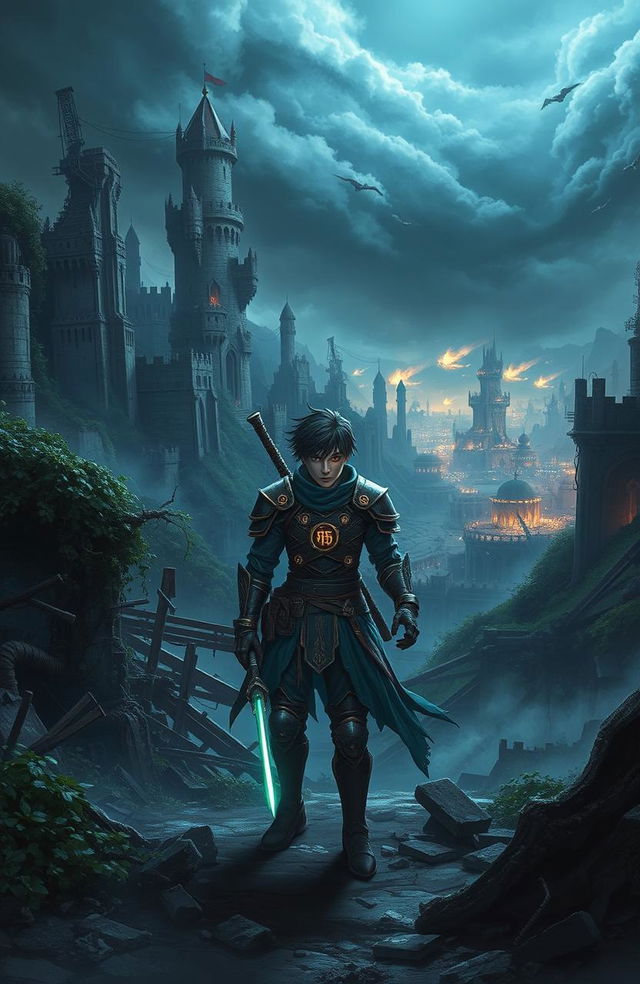 In a dystopian fantasy world where several powerful factions battle for control over dwindling resources, the scene depicts the main character, Rin Sakurai, a resilient male warrior standing amidst the ruins of a once vibrant landscape