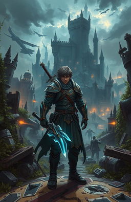 In a dystopian fantasy world where several powerful factions battle for control over dwindling resources, the scene depicts the main character, Rin Sakurai, a resilient male warrior standing amidst the ruins of a once vibrant landscape
