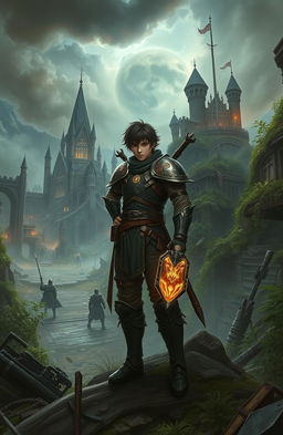 In a dystopian fantasy world where several powerful factions battle for control over dwindling resources, the scene depicts the main character, Rin Sakurai, a resilient male warrior standing amidst the ruins of a once vibrant landscape