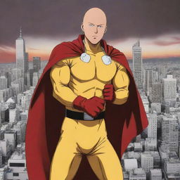 Anime style illustration of Saitama from 'One Punch Man', depicting him in his distinct yellow suit, red gloves, and cape. He has his famously indifferent expression, juxtaposed over a dramatic city background.