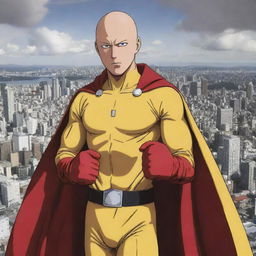 Anime style illustration of Saitama from 'One Punch Man', depicting him in his distinct yellow suit, red gloves, and cape. He has his famously indifferent expression, juxtaposed over a dramatic city background.