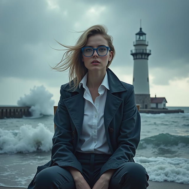 A realistic depiction of a female journalist with white skin and stylish blue glasses, sitting on a wooden chair in the middle of a turbulent ocean