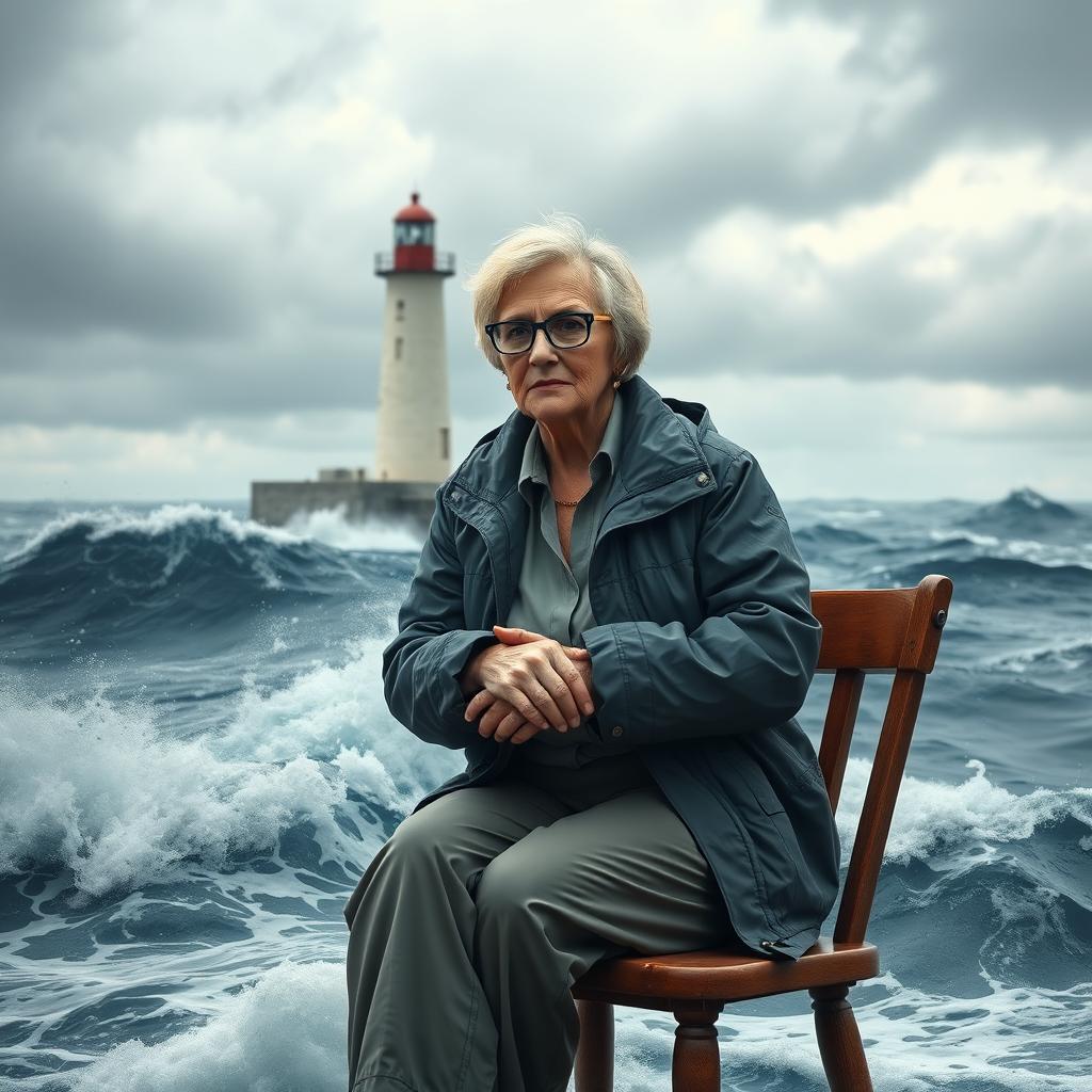 A realistic depiction of an older female journalist with white skin and stylish blue glasses, sitting on a wooden chair in the middle of a turbulent ocean