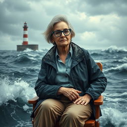 A realistic depiction of an older female journalist with white skin and stylish blue glasses, sitting on a wooden chair in the middle of a turbulent ocean