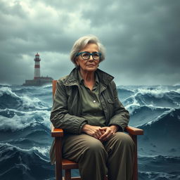 A realistic depiction of an older female journalist with white skin and stylish blue glasses, sitting on a wooden chair in the middle of a turbulent ocean