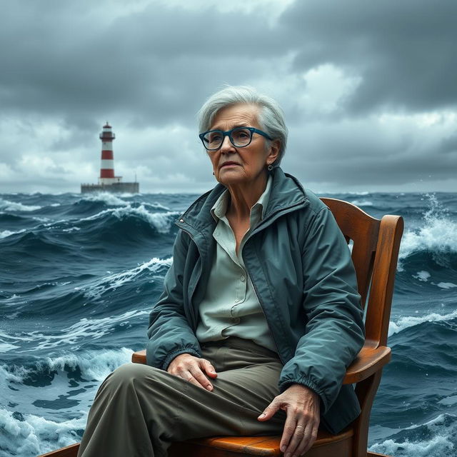 A realistic depiction of an older female journalist with white skin and stylish blue glasses, sitting on a wooden chair in the middle of a turbulent ocean