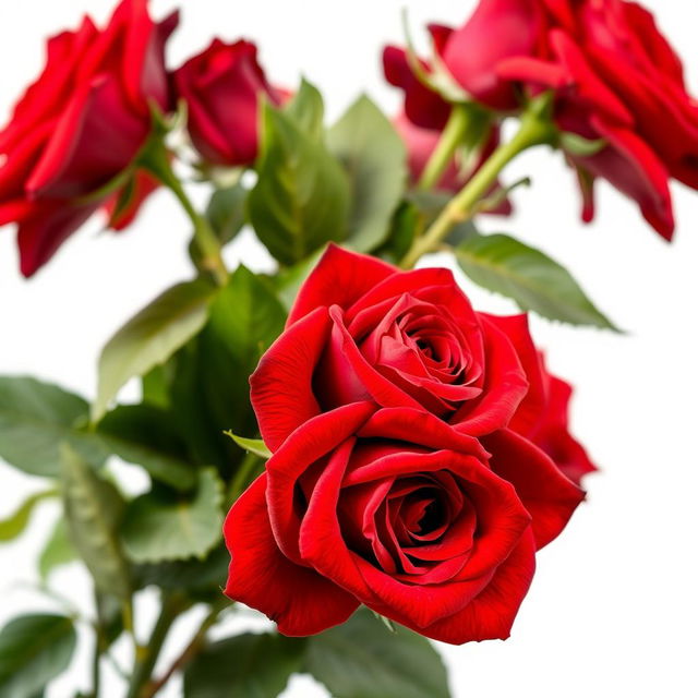 A beautiful side view of vibrant red roses, fully bloomed and fresh, isolated against a clean white background