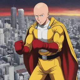 Anime style illustration of Saitama from 'One Punch Man', depicting him in his distinct yellow suit, red gloves, and cape. He has his famously indifferent expression, juxtaposed over a dramatic city background.