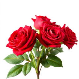 A beautiful side view of vibrant red roses, fully bloomed and fresh, isolated against a clean white background