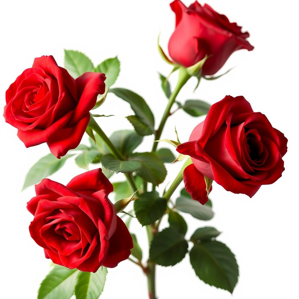 A beautiful side view of vibrant red roses, fully bloomed and fresh, isolated against a clean white background