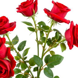 A beautiful side view of vibrant red roses, fully bloomed and fresh, isolated against a clean white background