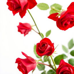A stunning side view of bright red roses in full bloom, delicately captured against a pristine white background