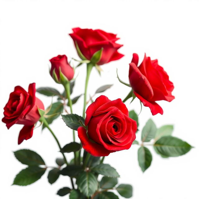 A stunning side view of bright red roses in full bloom, delicately captured against a pristine white background