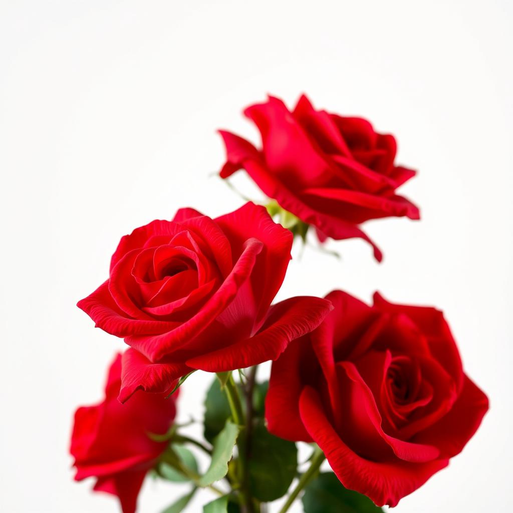 A stunning side view of bright red roses in full bloom, delicately captured against a pristine white background