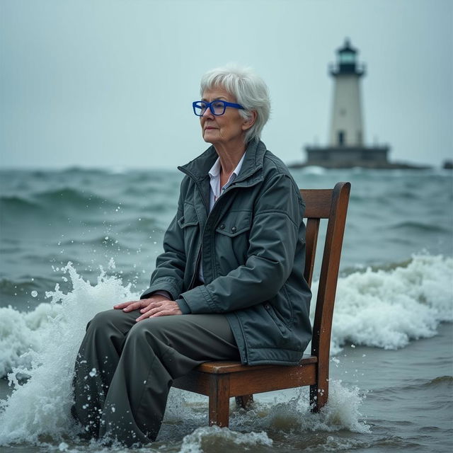 A realistic depiction of an older female journalist with white skin and distinctive blue glasses, sitting on a wooden chair in the middle of a turbulent ocean