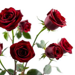A captivating side view of deep red roses, showcasing their lush blooms against a stark white background