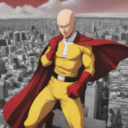 Anime style illustration of Saitama from 'One Punch Man', depicting him in his distinct yellow suit, red gloves, and cape. He has his famously indifferent expression, juxtaposed over a dramatic city background.