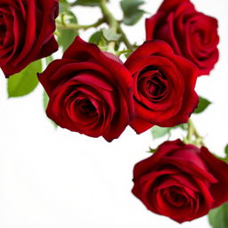 A captivating side view of deep red roses, showcasing their lush blooms against a stark white background