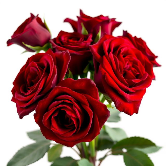 A captivating side view of deep red roses, showcasing their lush blooms against a stark white background