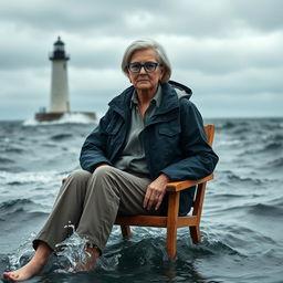 A realistic portrayal of an older female journalist with white skin and stylish blue glasses, sitting on a wooden chair in the middle of a choppy ocean, with water splashing gently against her feet