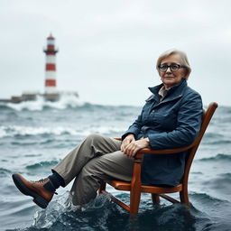A realistic portrayal of an older female journalist with white skin and stylish blue glasses, sitting on a wooden chair in the middle of a choppy ocean, with water splashing gently against her feet