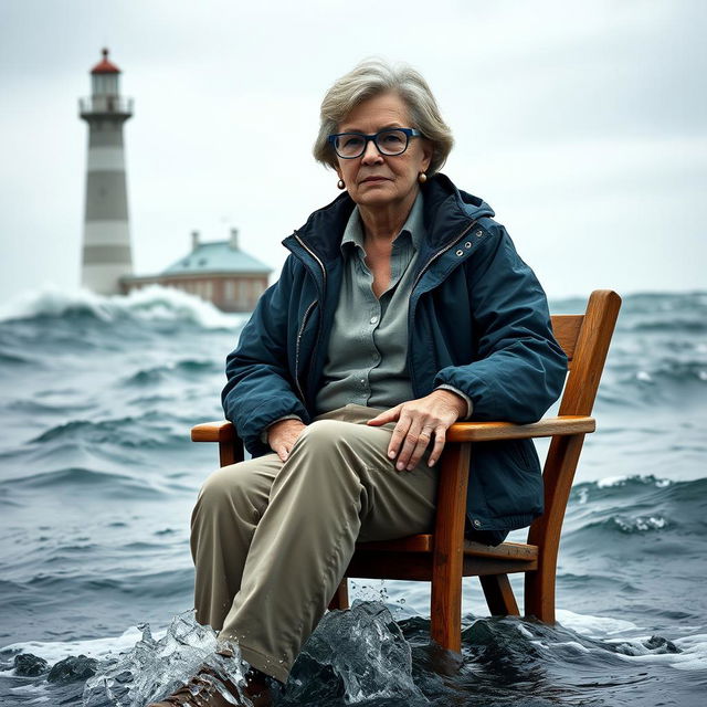 A realistic portrayal of an older female journalist with white skin and stylish blue glasses, sitting on a wooden chair in the middle of a choppy ocean, with water splashing gently against her feet