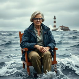 A realistic portrayal of an older female journalist with white skin and stylish blue glasses, sitting on a wooden chair in the middle of a choppy ocean, with water splashing gently against her feet