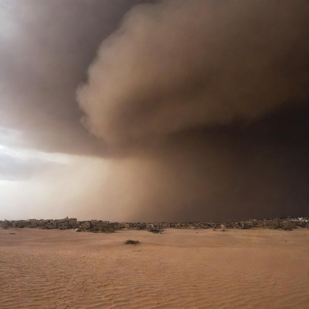 The once clear sky over the desert village now darkened, completely encapsulated by the swirling, ominous clouds of the fierce sandstorm.