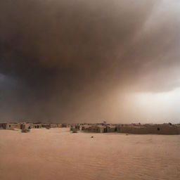 The once clear sky over the desert village now darkened, completely encapsulated by the swirling, ominous clouds of the fierce sandstorm.