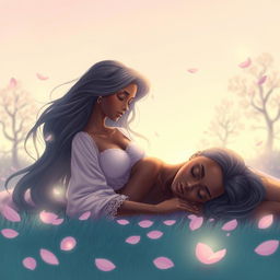 A stylized digital art piece depicting a serene, dreamlike landscape with soft pastel colors and surreal elements