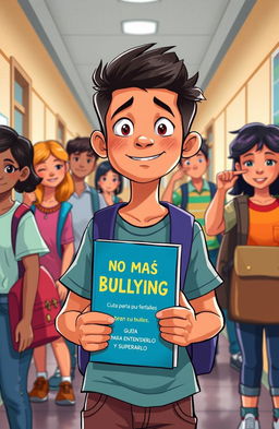 A powerful and thought-provoking image representing the theme of bullying in school, featuring a diverse group of students in a school hallway