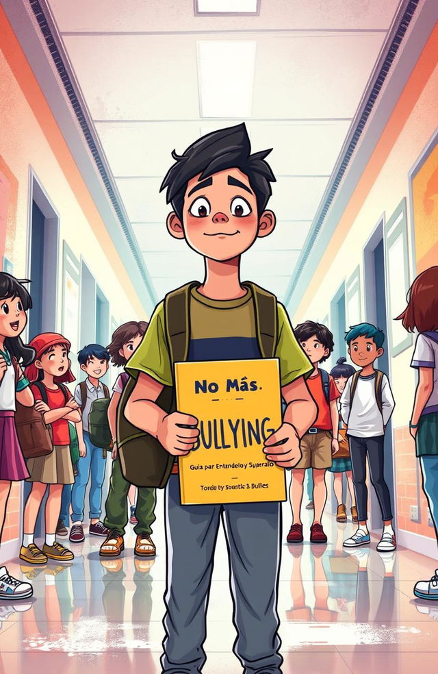 A powerful and thought-provoking image representing the theme of bullying in school, featuring a diverse group of students in a school hallway