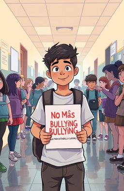 A powerful and thought-provoking image representing the theme of bullying in school, featuring a diverse group of students in a school hallway
