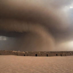 The once clear sky over the desert village now darkened, completely encapsulated by the swirling, ominous clouds of the fierce sandstorm.