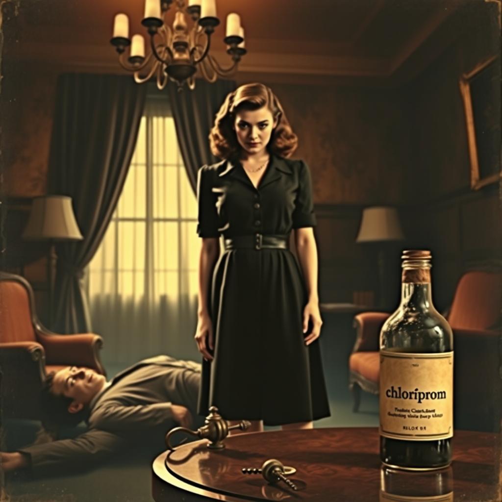 A dramatic scene depicting a mystery novel cover, featuring a woman in a vintage setting