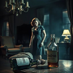 A dramatic scene depicting a mystery novel cover, featuring a woman in a vintage setting