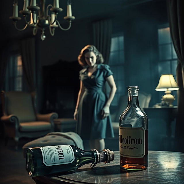 A dramatic scene depicting a mystery novel cover, featuring a woman in a vintage setting