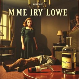 A dramatic scene depicting a mystery novel cover, featuring a woman in a vintage setting
