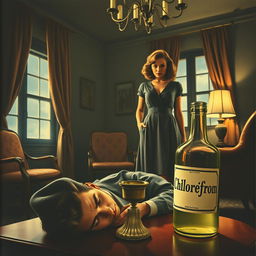 A dramatic scene depicting a mystery novel cover, featuring a woman in a vintage setting