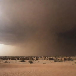 The once clear sky over the desert village now darkened, completely encapsulated by the swirling, ominous clouds of the fierce sandstorm.