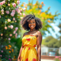 A beautiful curvy black girl with radiant skin, wearing a vibrant summer dress that accentuates her figure