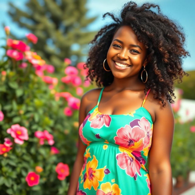 A beautiful curvy black girl with radiant skin, wearing a vibrant summer dress that accentuates her figure