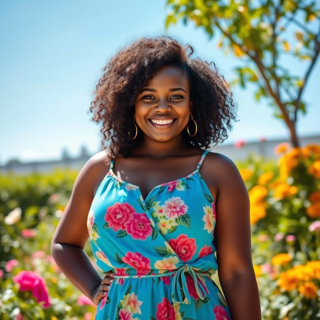 A beautiful curvy black girl with radiant skin, wearing a vibrant summer dress that accentuates her figure