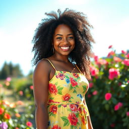 A beautiful curvy black girl with radiant skin, wearing a vibrant summer dress that accentuates her figure