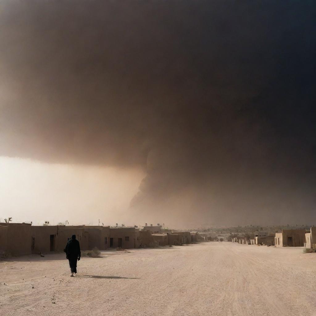 The sky transitions into pitch-black darkness, as the relentless sandstorm obliterates any remnant of daylight, casting an eerie shadow over the desert village.