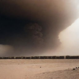 The sky transitions into pitch-black darkness, as the relentless sandstorm obliterates any remnant of daylight, casting an eerie shadow over the desert village.