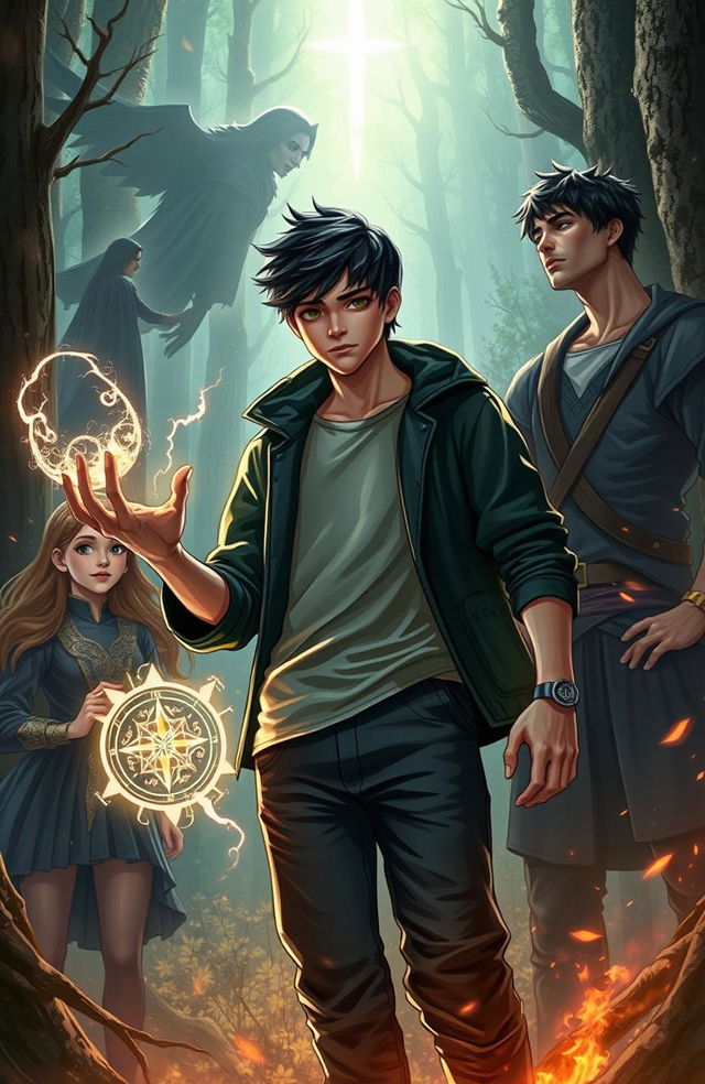 A dramatic fantasy scene depicting Noah Emrys, a teenage witch with short dark hair and wearing contemporary casual attire, standing resolutely in a mystical forest