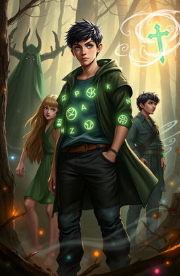 A dramatic fantasy scene depicting Noah Emrys, a teenage witch with short dark hair and wearing contemporary casual attire, standing resolutely in a mystical forest