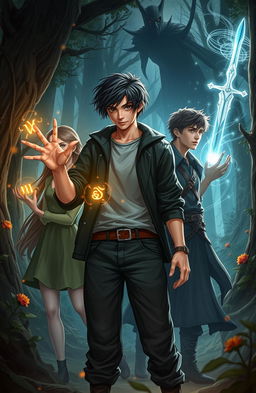 A dramatic fantasy scene depicting Noah Emrys, a teenage witch with short dark hair and wearing contemporary casual attire, standing resolutely in a mystical forest